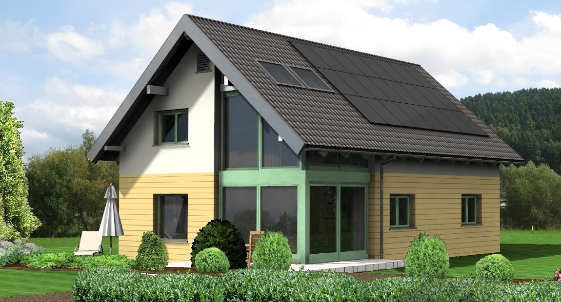 Holzhaus 137H15 &ndash; Einfamilienhaus mit 1,5 Geschossen, dunklem Satteldach mit Photovoltaik und gepflegtem Vorgarten.